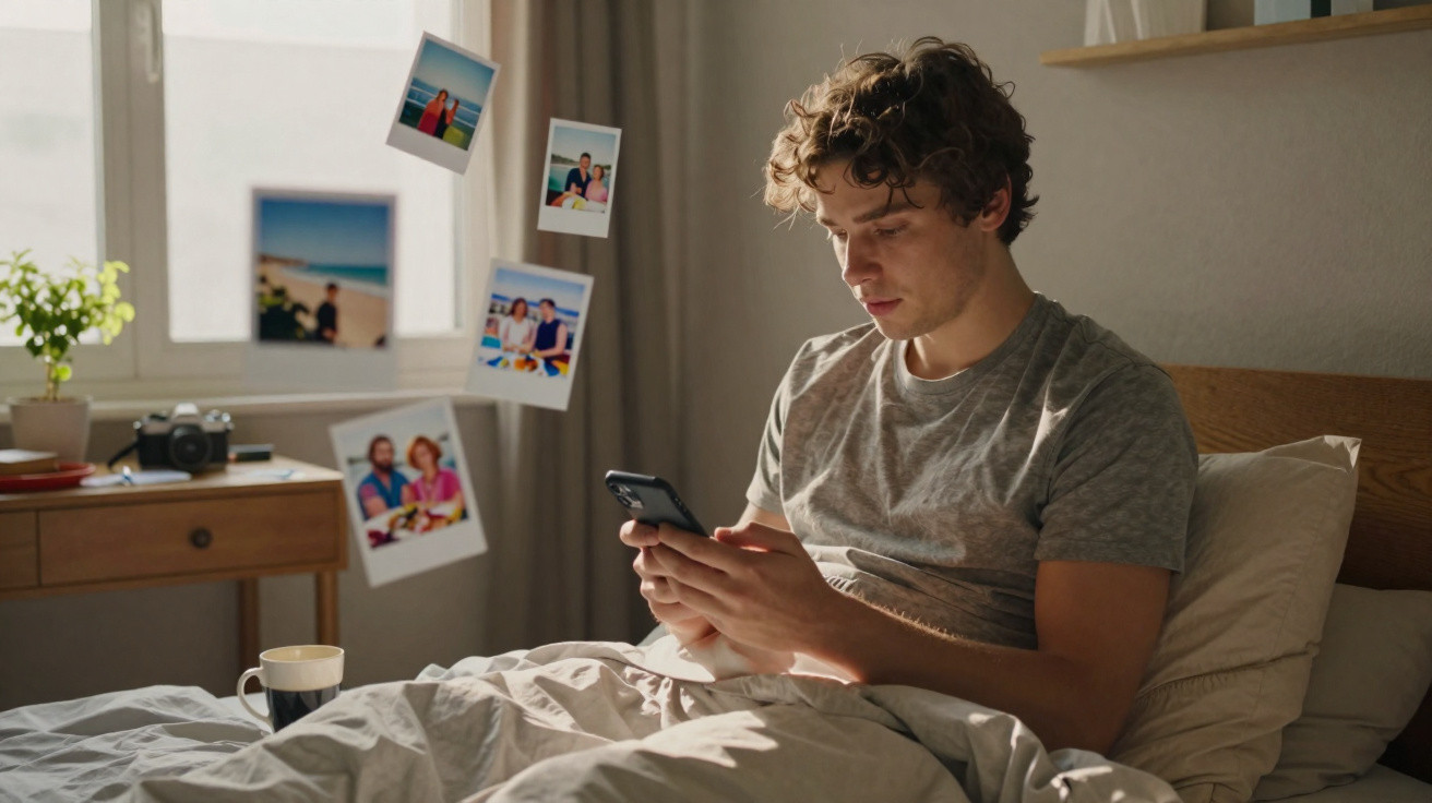 Young man sitting in bed using a smartphone with floating photos around him in a softly lit bedroom.