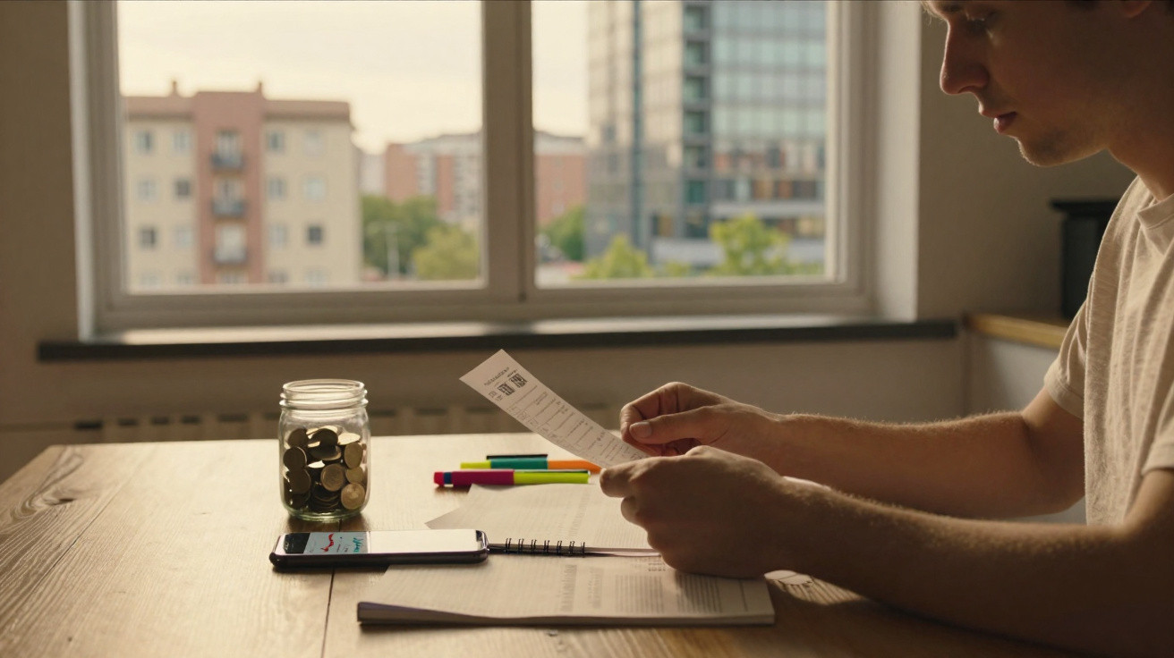 Person sitting at a table reading a paper, with a jar of coins, phone, and coloured markers nearby by a window.