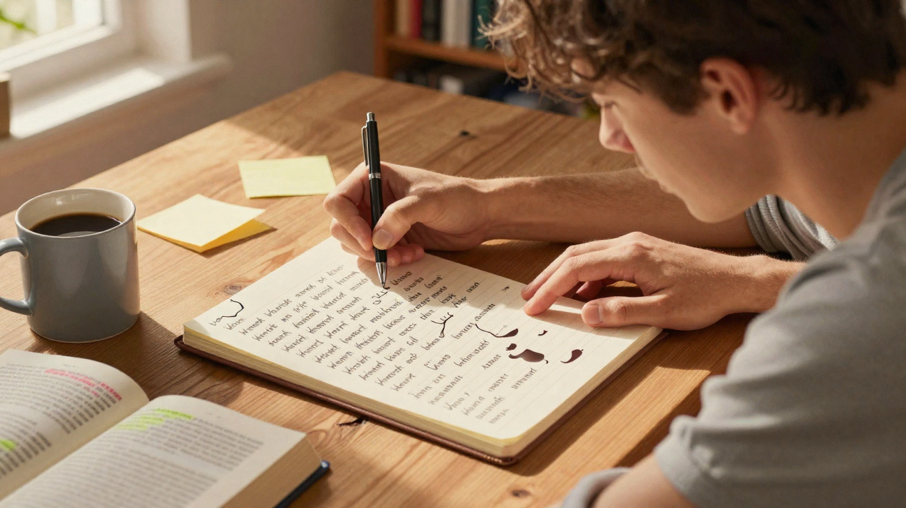 Person writing notes with pen in notebook at wooden table with coffee and open book nearby.