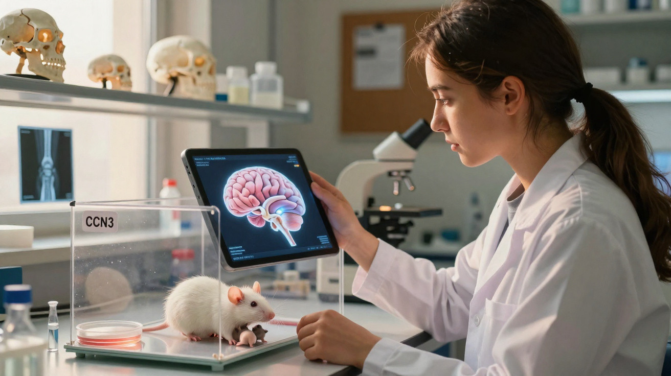 Female scientist examining a lab mouse in a cage while viewing a brain scan on a digital tablet in a laboratory.