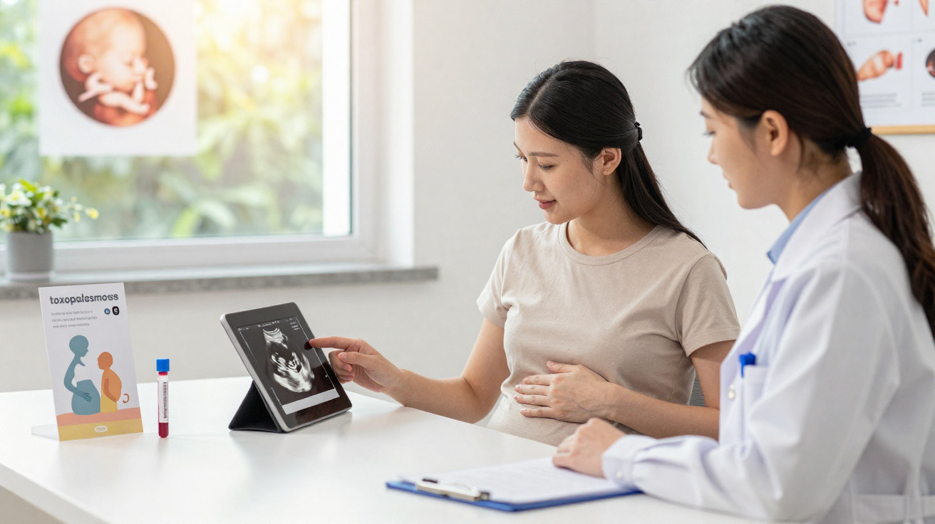 Pregnant woman and doctor reviewing ultrasound image on tablet in medical office.
