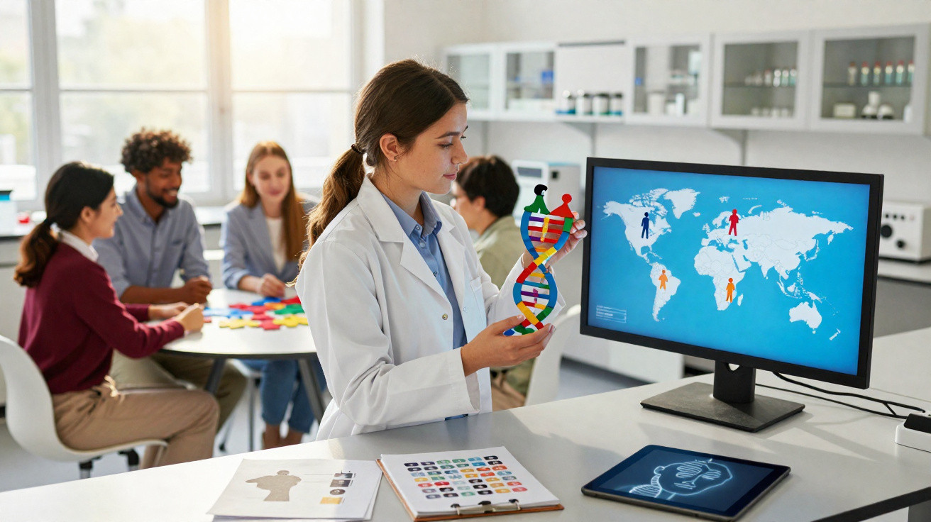 Scientist holding a DNA model with a world map on computer screen and people collaborating in background.
