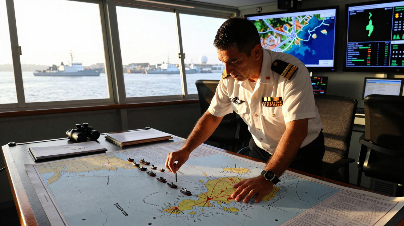 Naval officer in uniform arranging ship models on a large map in a control room with sea view.