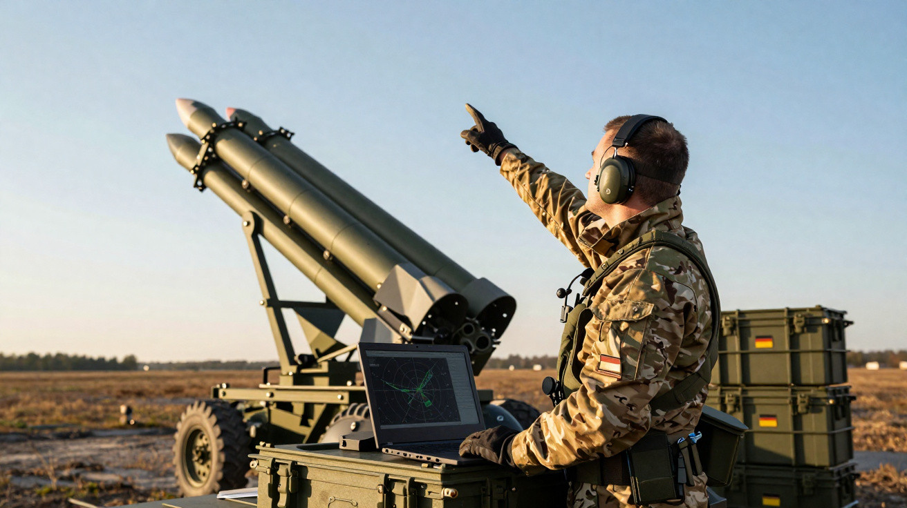 Soldier in camouflage uniform operating missile launcher with laptop in open field at sunset.