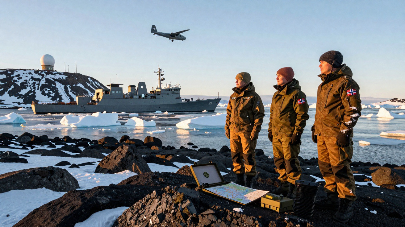 Three people in winter gear stand on rocky snowy shore with icy water, ship, and plane in the background at sunset.