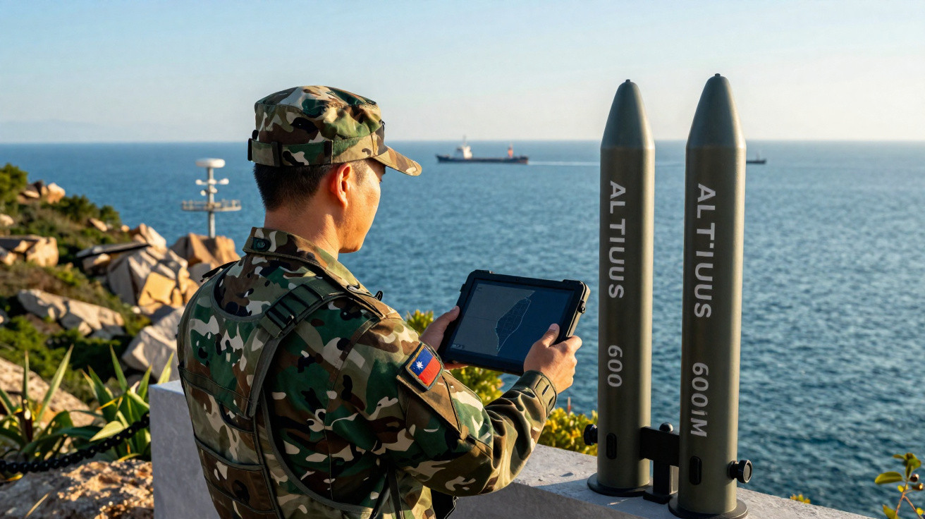 Soldier in camouflage using a tablet by two missiles overlooking the sea with a cargo ship in the distance.