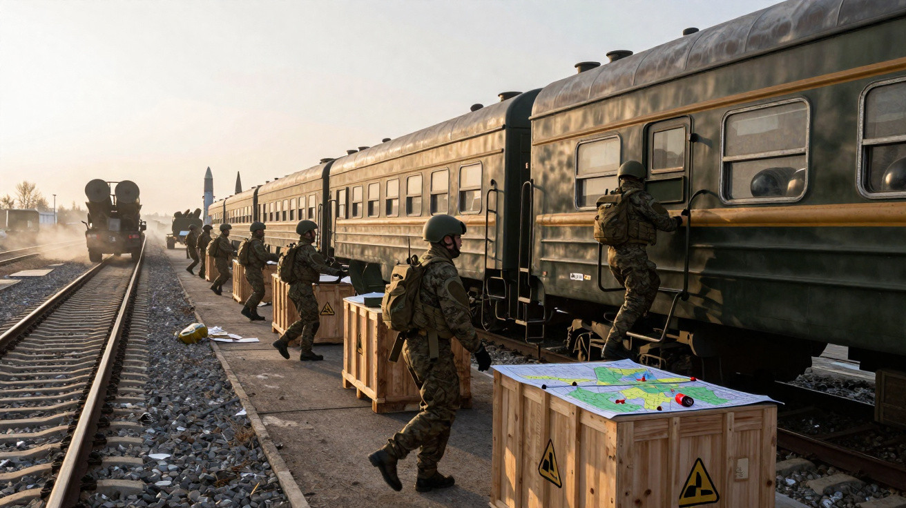 Soldiers in camouflage gear boarding a green military train beside crates with maps on a railway platform at sunset.