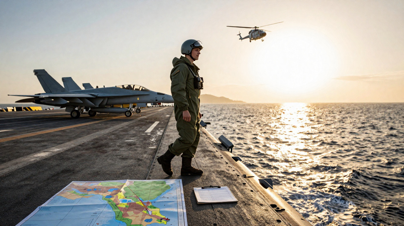 Military personnel on aircraft carrier deck at sunset with fighter jet, helicopter, map, and clipboard visible.