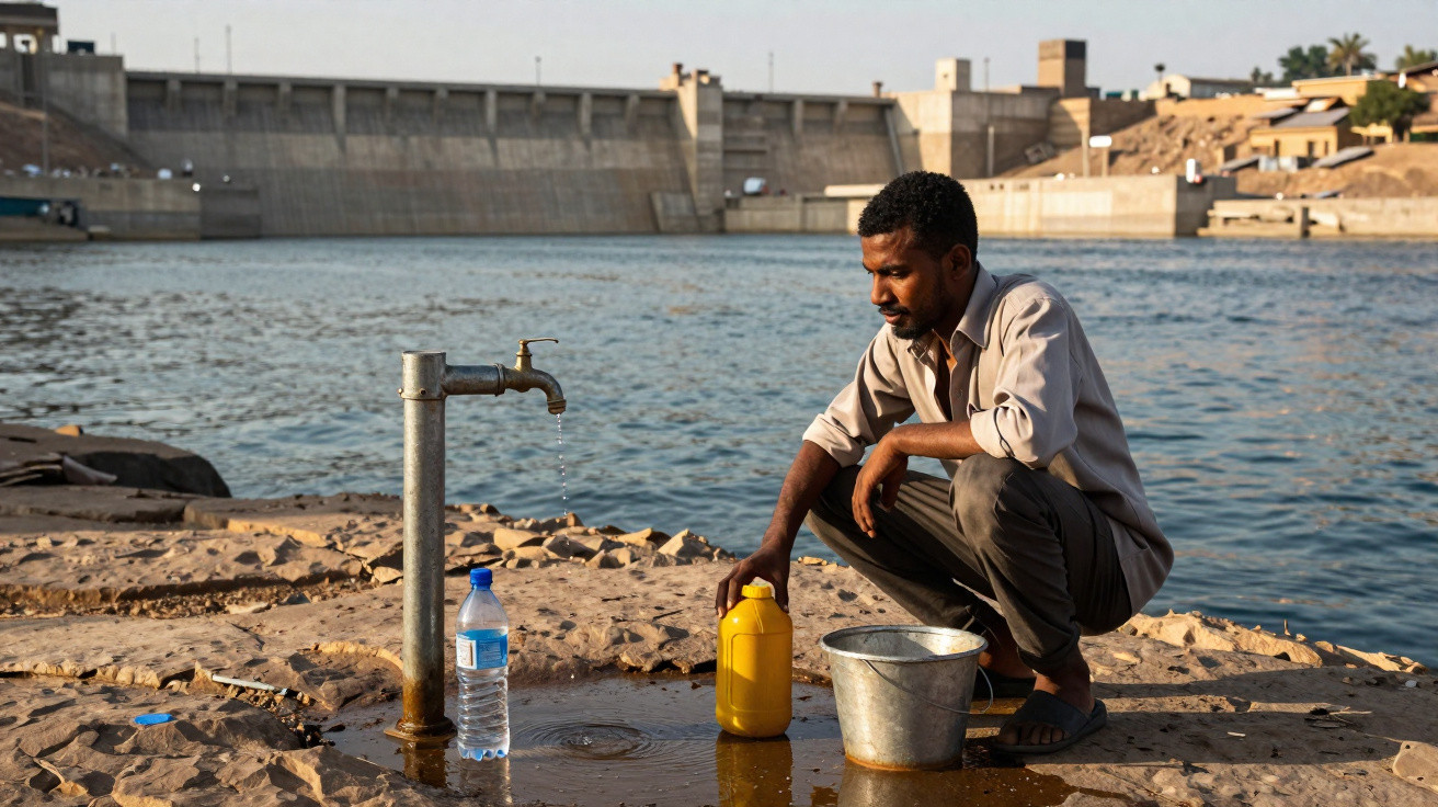 Man collecting water from a tap near a river with a dam in the background on a sunny day