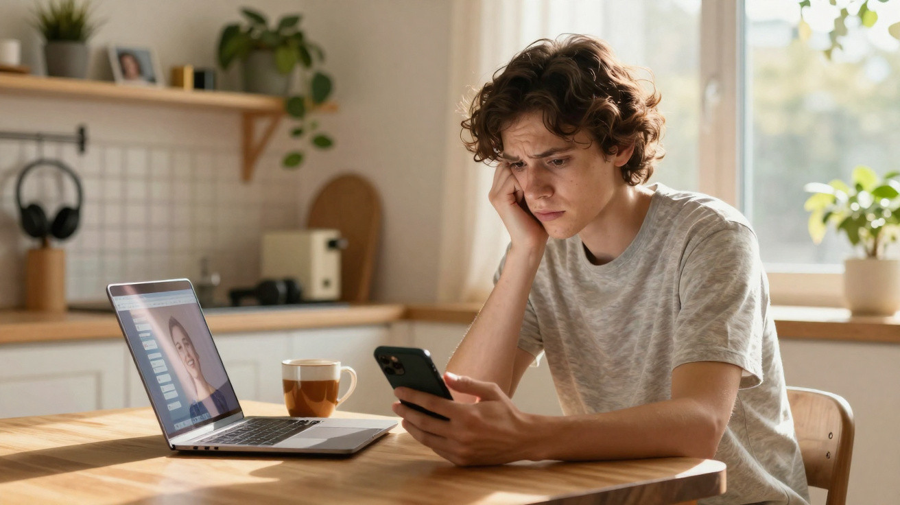 Young man sitting at a table using a smartphone with a laptop and coffee mug in a bright kitchen.