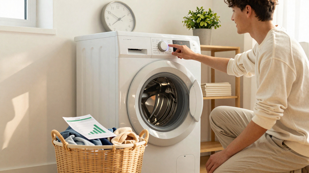 Person adjusting settings on a front-loading washing machine next to a laundry basket and wooden shelf with plants.