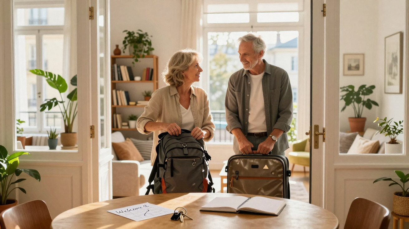 Smiling senior couple holding luggage bags in a bright, cosy living room with open doors and plants.