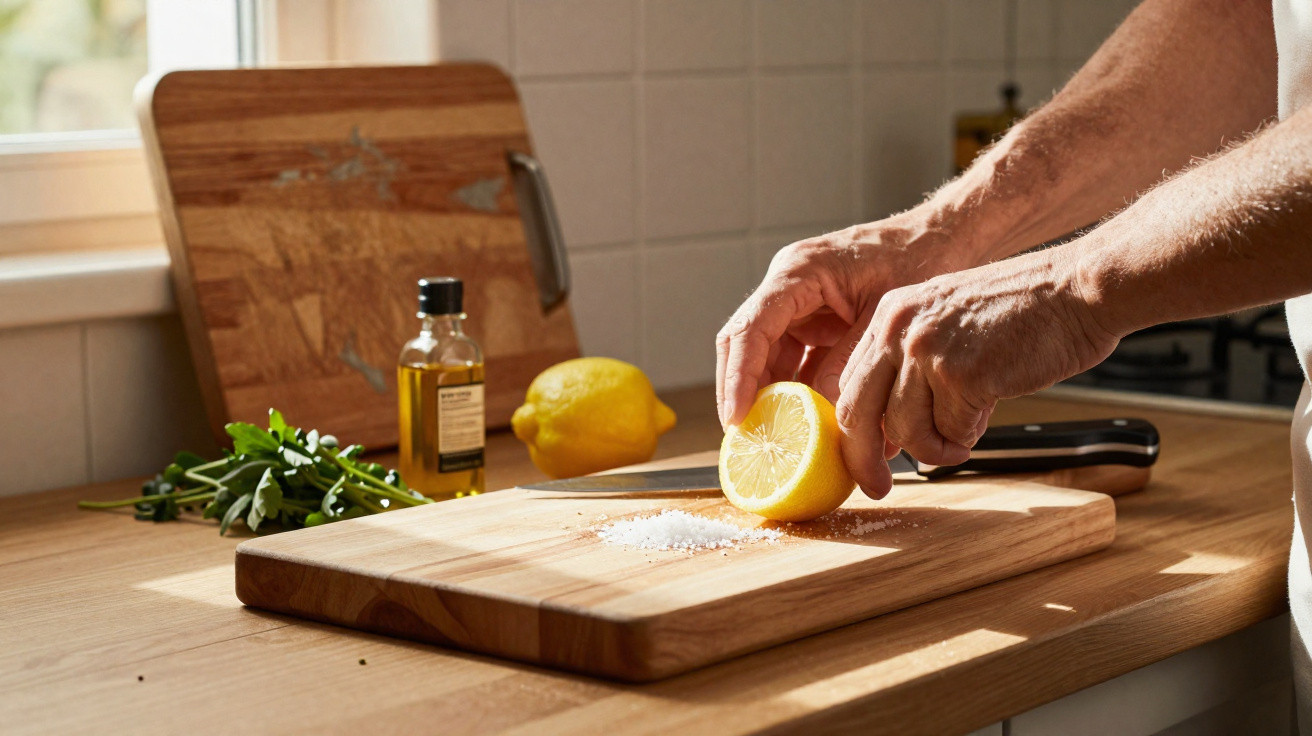 Person squeezing lemon juice over salt on a wooden chopping board in a kitchen setting.