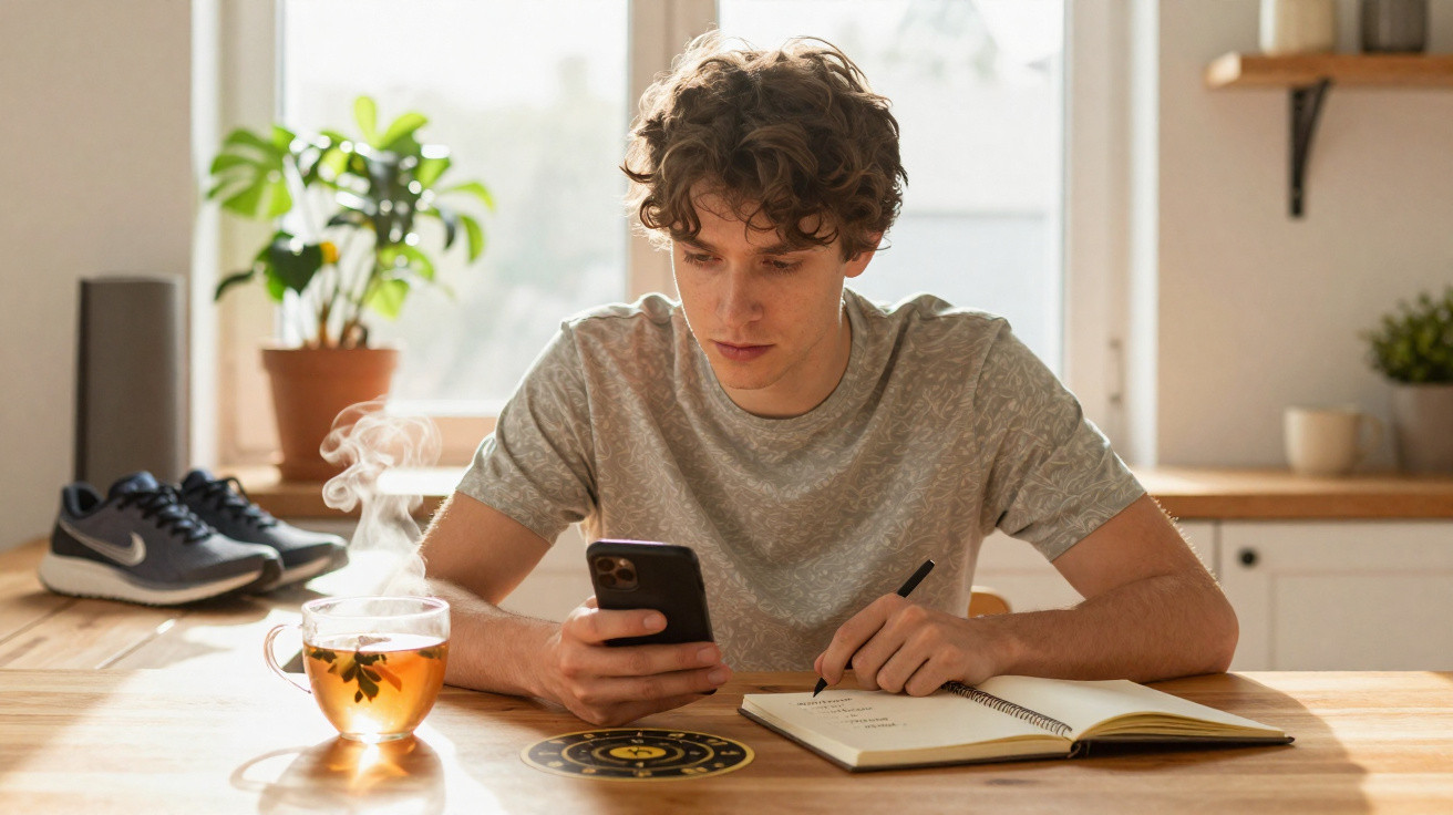 Young man at wooden table using phone and writing in notebook, with steaming cup of tea and sneakers nearby.