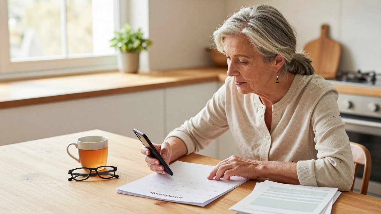 Older woman sitting at kitchen table, looking at phone and calendar, with tea and glasses nearby.