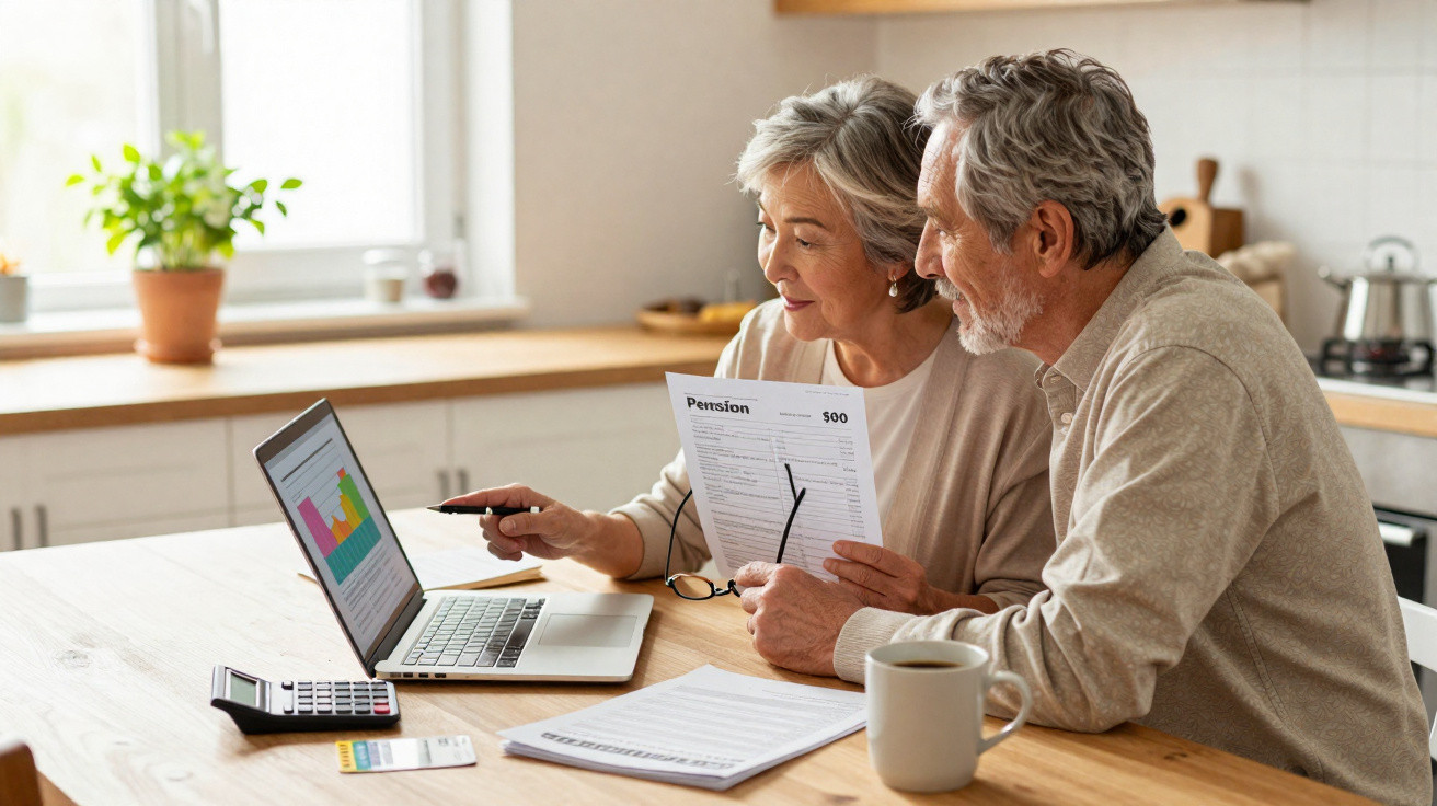 Senior couple reviewing pension documents and financial charts on a laptop at a kitchen table.