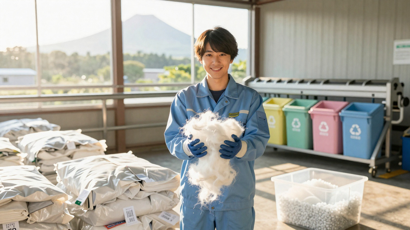 Young worker in blue uniform holding white fibres in a factory with recycled bins and bags of materials.