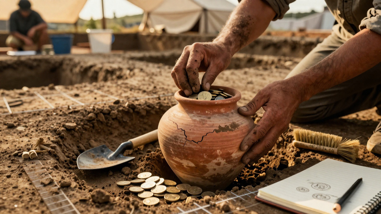 Archaeologist placing coins into a cracked ancient pottery jar at a dig site with tools and sketches nearby.