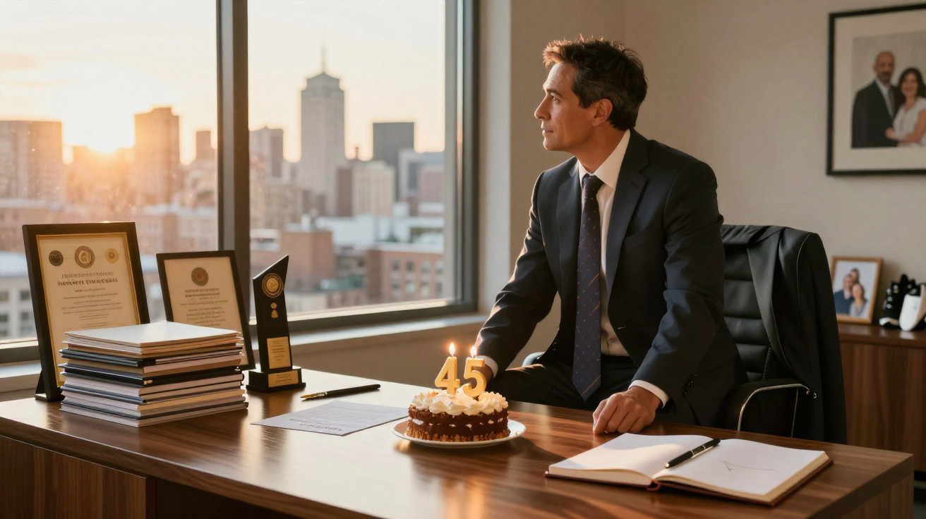 Middle-aged man in suit sitting at office desk with 45th birthday cake, looking out window at city skyline at sunset.