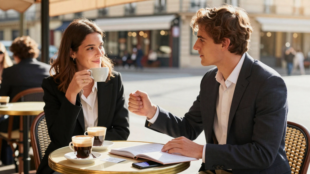 Two young professionals in suits having coffee and a discussion at an outdoor café table.