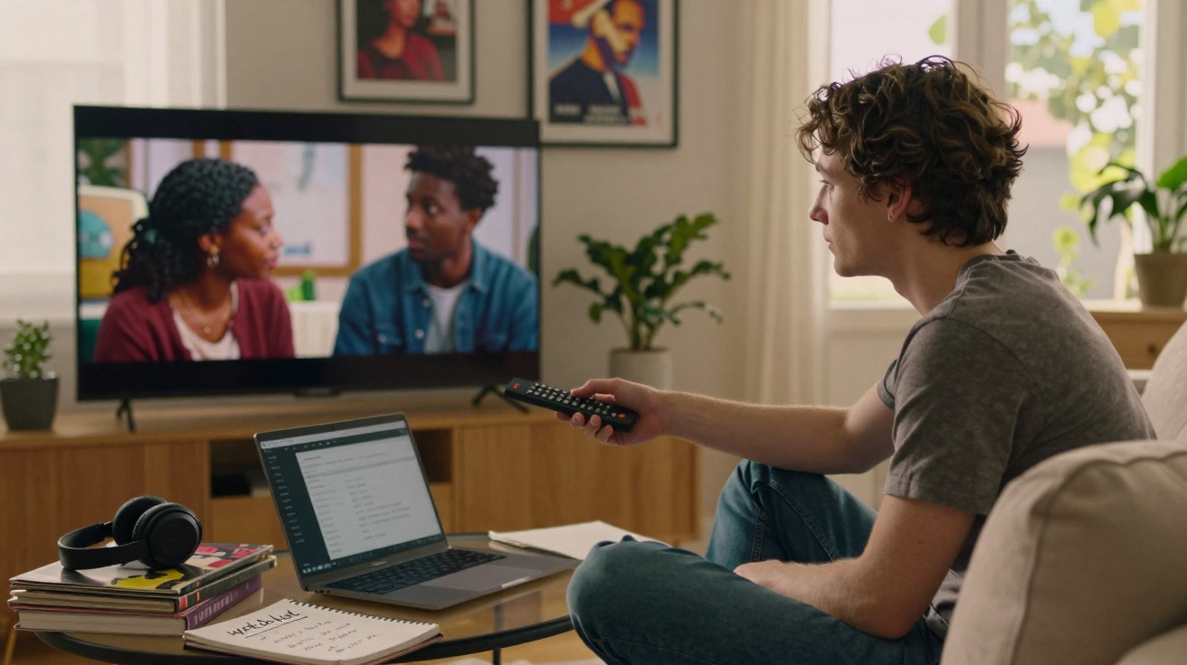 Young man sitting on a couch holding a remote, watching TV with a laptop and books on the table in a living room.
