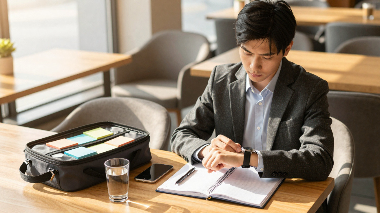 Young man in a suit checking his watch while sitting at a table with a notebook and stationery bag.