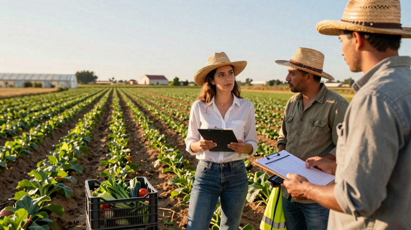 Three farmers wearing straw hats discussing with clipboards in a vegetable field with crates of produce.