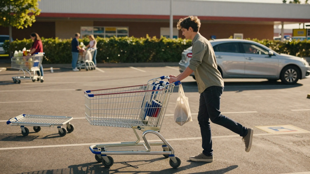 A young man pushing a shopping trolley in a supermarket car park holding a plastic bag with groceries.