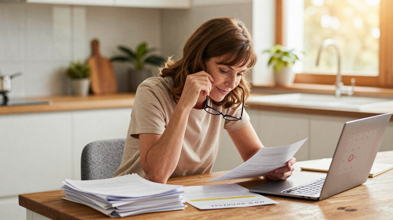 Woman reading documents at a kitchen table with a laptop and a stack of papers in natural daylight.