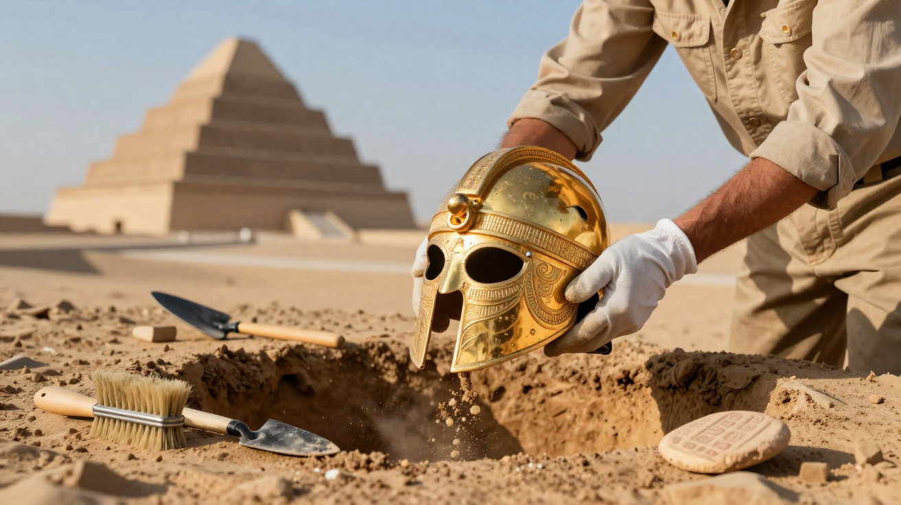 Archaeologist wearing gloves carefully holding a golden ancient helmet over a sandy excavation site near a pyramid.