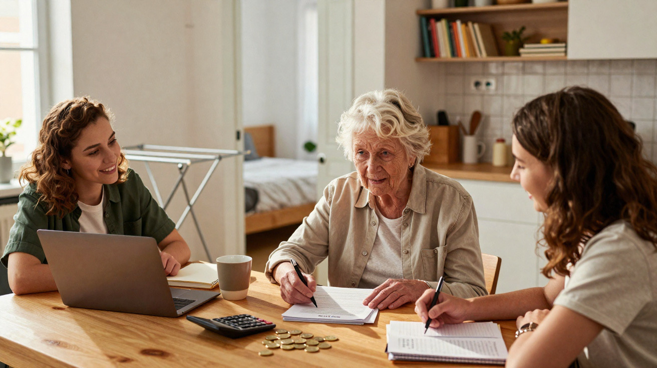 Three women of different generations discussing finances at a table with coins, calculator, and documents.