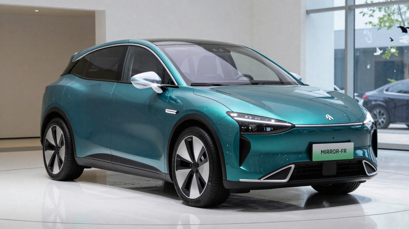 Green electric SUV with sleek design displayed indoors on white floor with large windows behind.