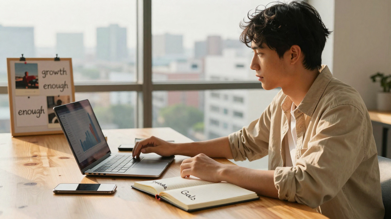 Young man working on a laptop with an open notebook titled "Goals" on a wooden table by a large window.