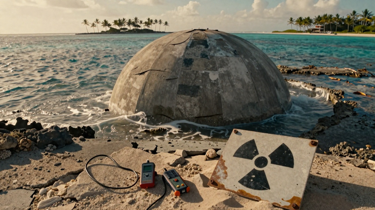 Concrete dome bunker partially submerged in water with radiation warning sign and detector devices on cracked shore