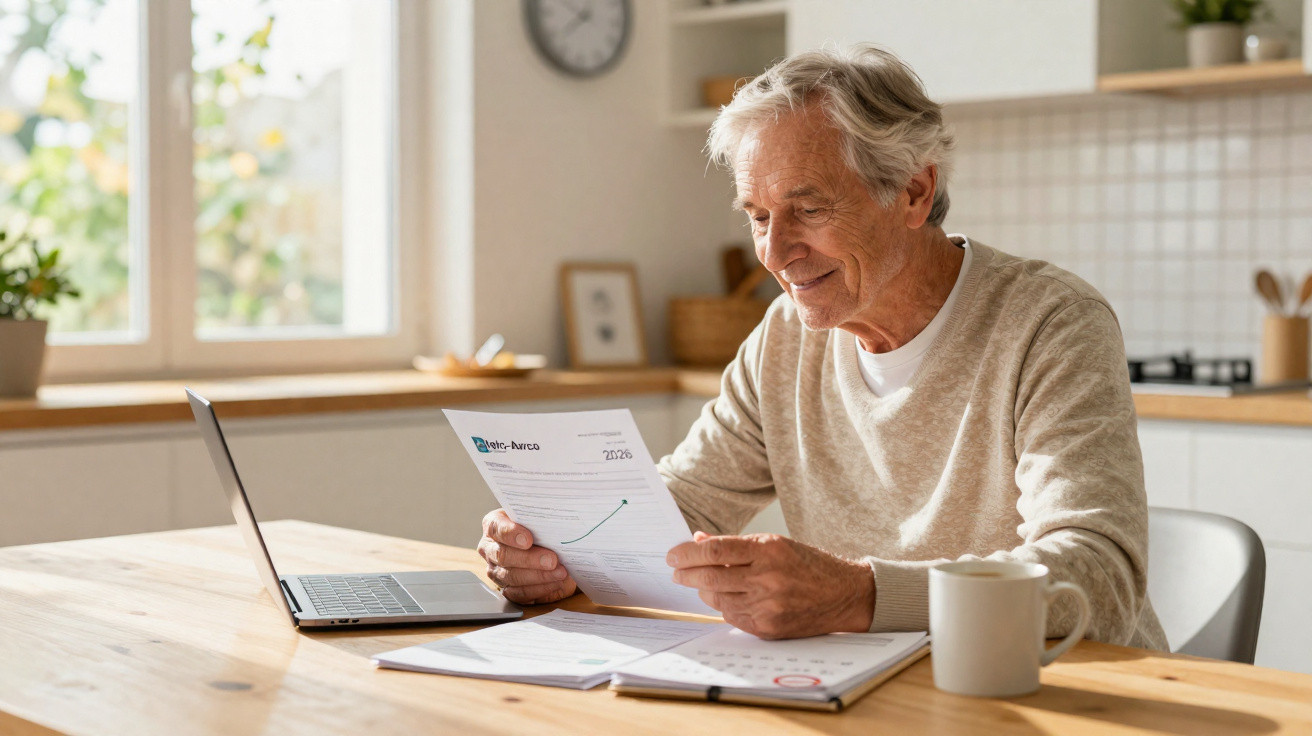 Elderly man smiling while reading a document at a kitchen table with laptop and coffee mug nearby.