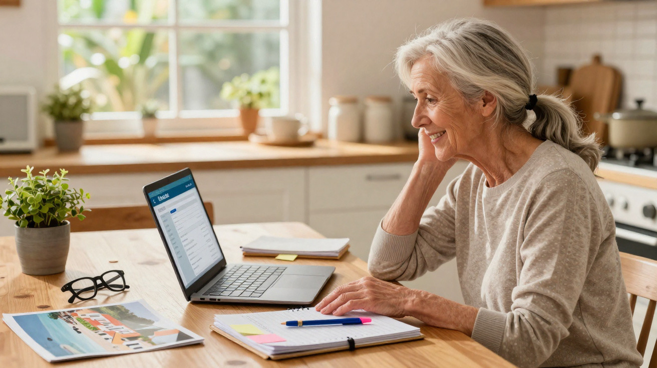 Elderly woman smiling while using a laptop and taking notes at a wooden kitchen table with plants nearby.