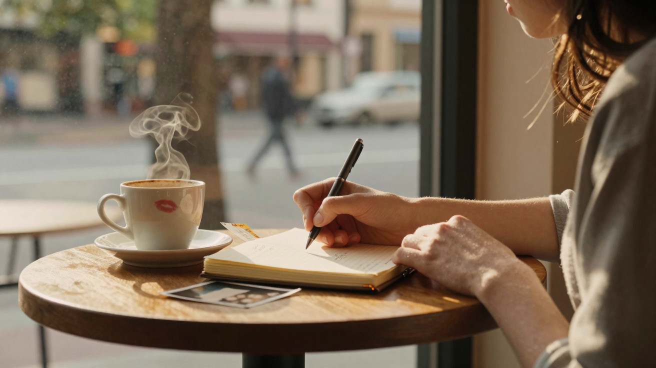 Person writing in a notebook by a window with a steaming cup of coffee on a wooden café table.