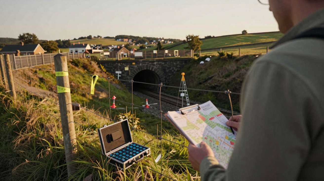 Person holding a clipboard surveying a railway tunnel entrance in a rural area during sunset.