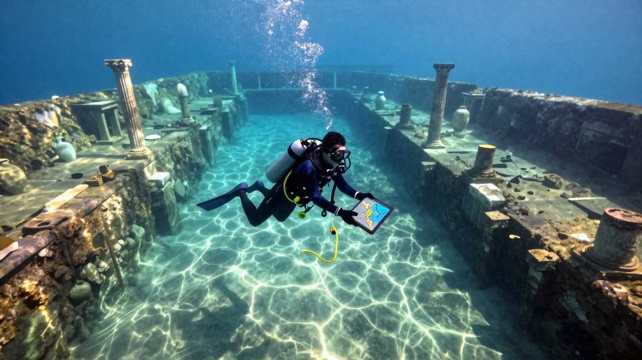 Scuba diver exploring ancient underwater ruins with columns and pottery in clear blue water.