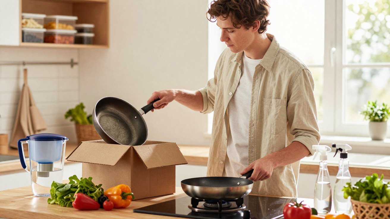 Young man unpacking frying pans from a cardboard box in a bright kitchen with fresh vegetables nearby.