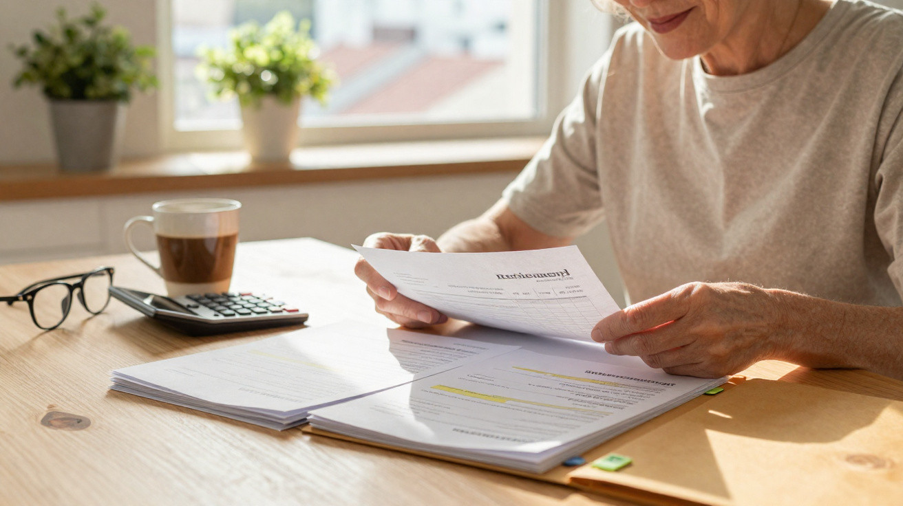 Older person reviewing pension documents at a wooden table with a calculator, glasses, and coffee cup nearby.