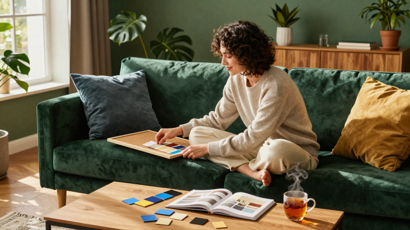 Woman sitting on a green sofa selecting colour samples for interior design with a catalogue and tea on a wooden table.