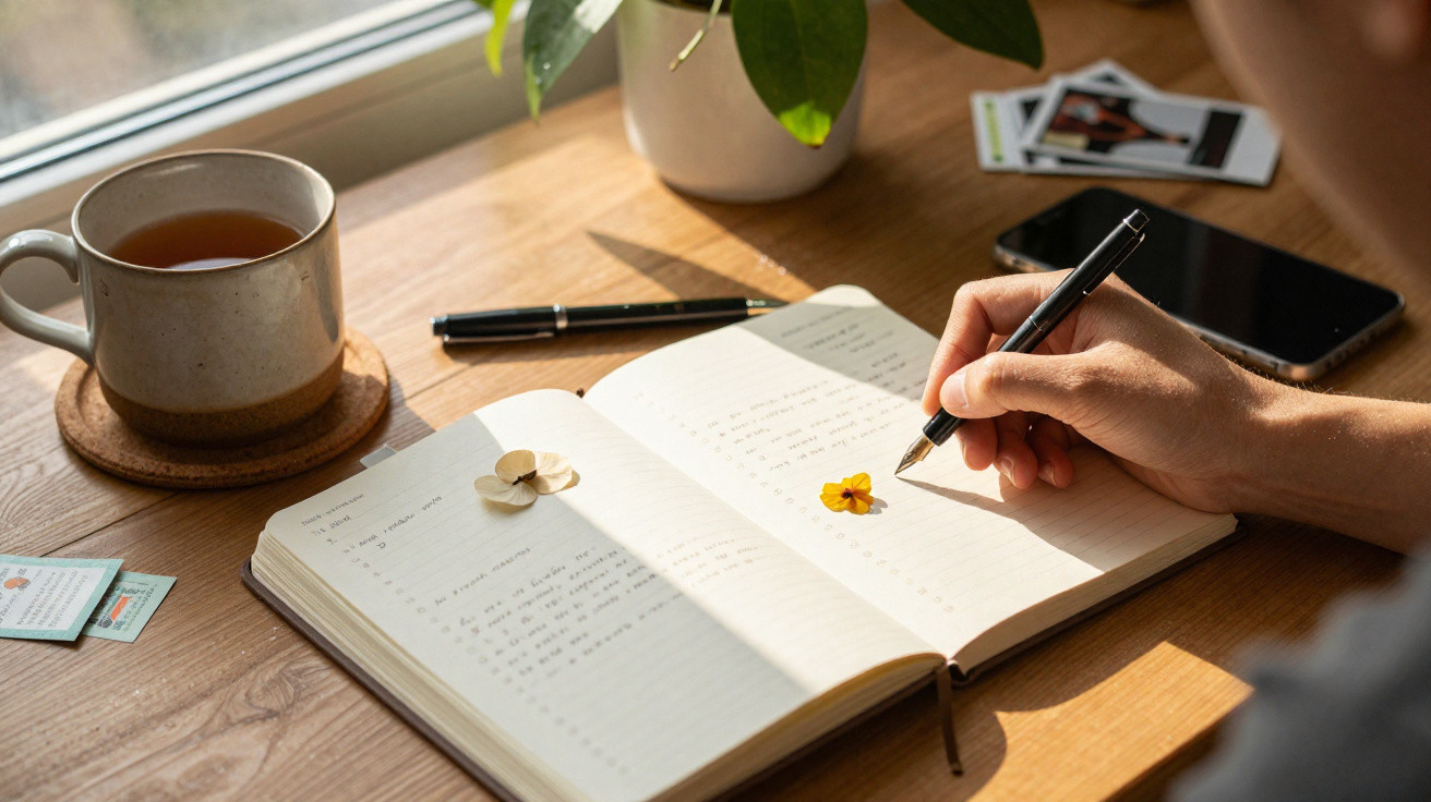 Hand writing in an open notebook with dried flowers, tea cup, pen, smartphone, and plant on wooden desk.