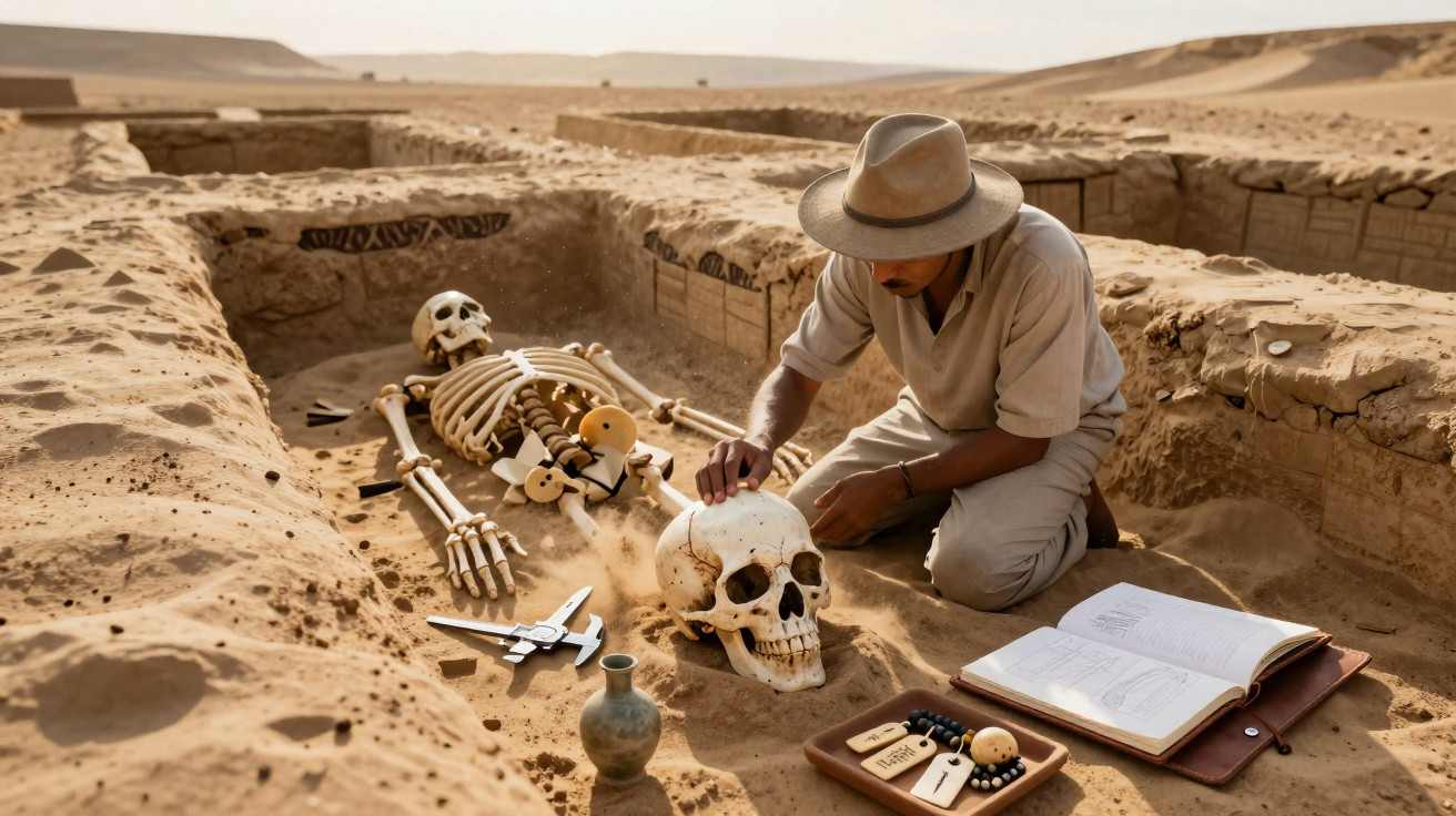 Archaeologist excavates human skeleton and skull in desert dig site with tools and notebooks nearby.