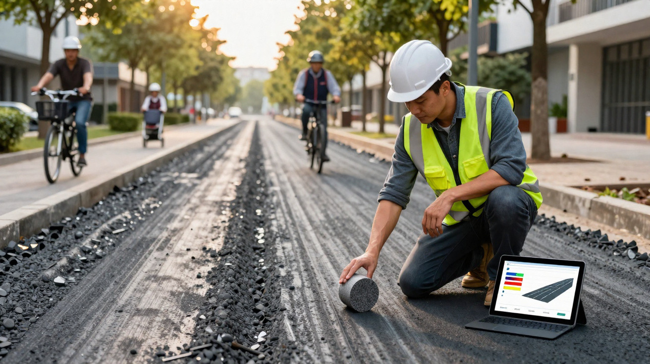 Construction worker inspecting road material samples on a newly paved street with cyclists in the background.