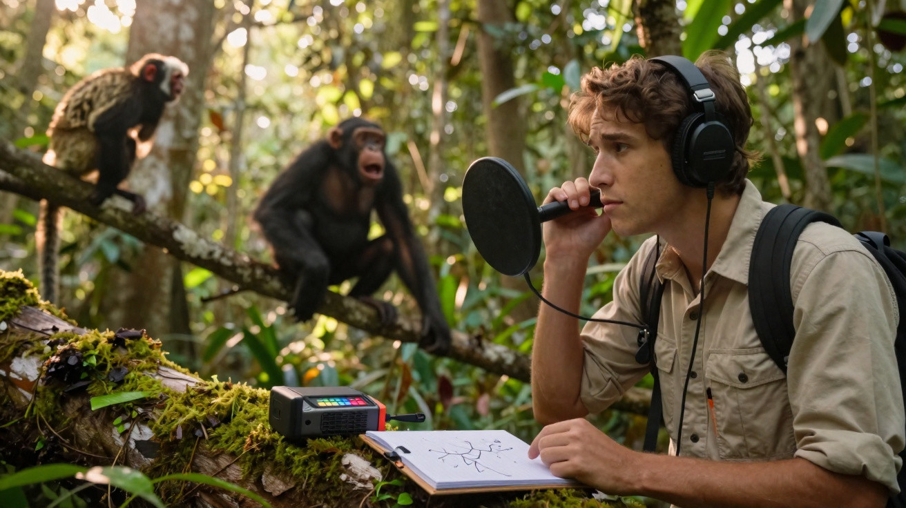 Young male researcher using audio equipment to study monkeys in a dense forest environment.