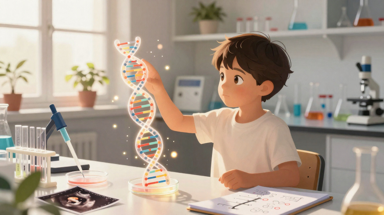 Young boy studying a glowing DNA double helix model in a bright, modern science laboratory.