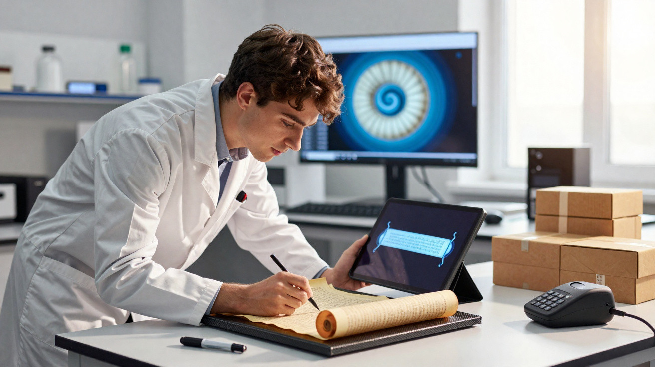 Scientist in a lab coat analysing ancient scrolls with a tablet and computer displaying a spiral pattern.