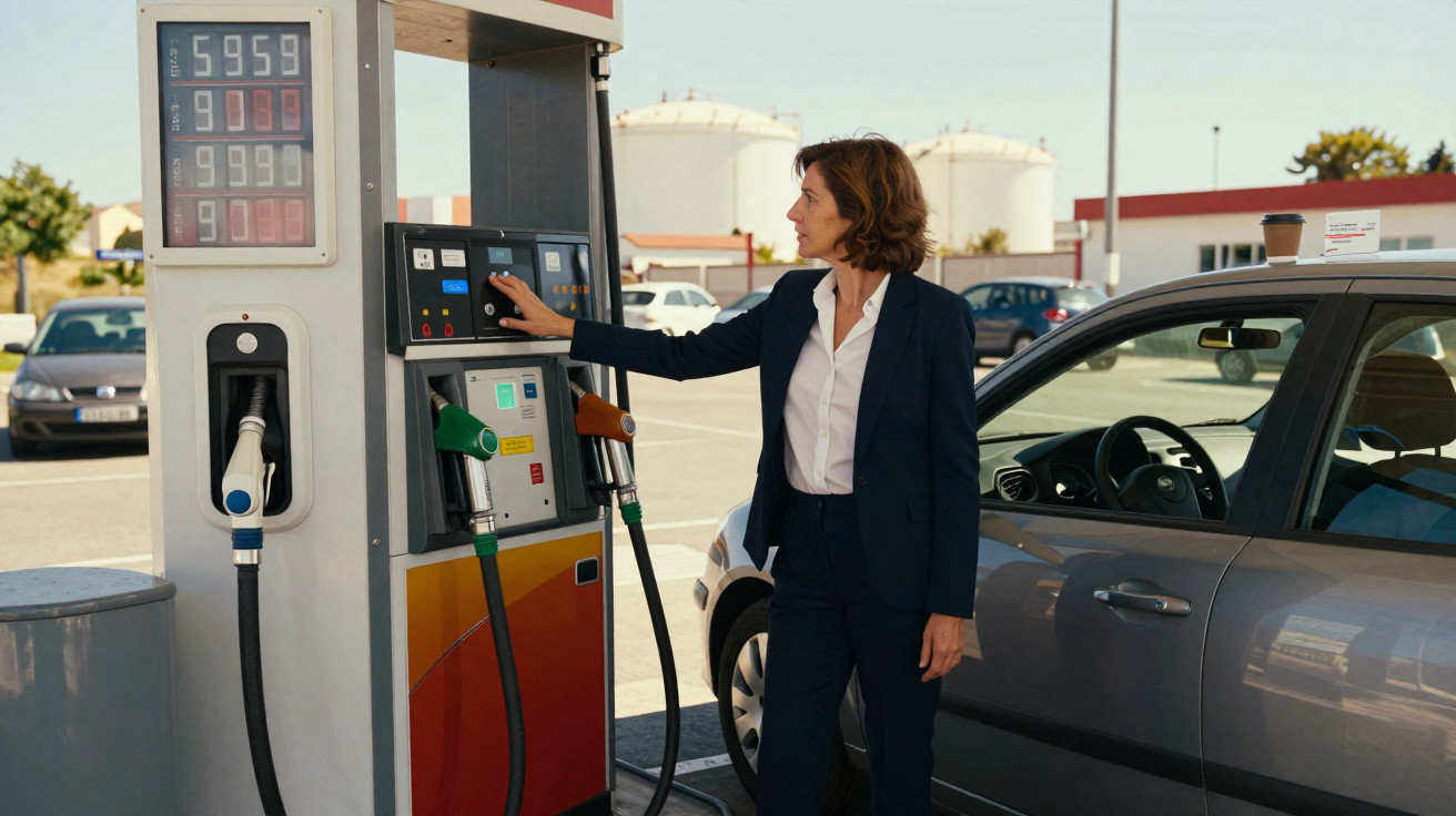 A woman in business attire operating a fuel pump at a petrol station beside a parked silver car.