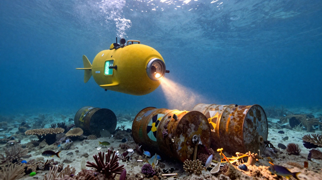 Yellow underwater drone shining a light on rusty radioactive barrels on the ocean floor surrounded by coral and fish.